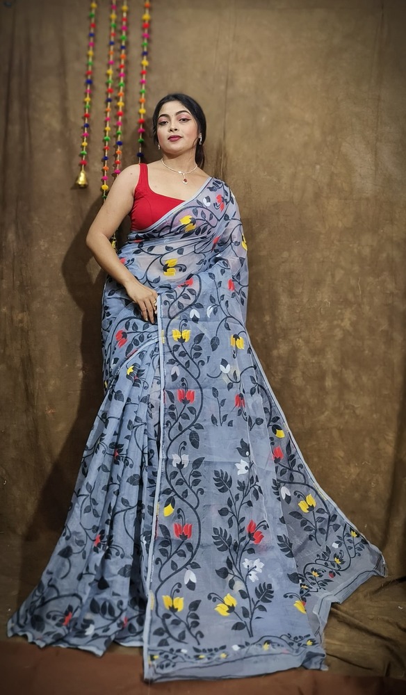 Gray And Black Color Lace Jamdani Saree - Color: Different Available