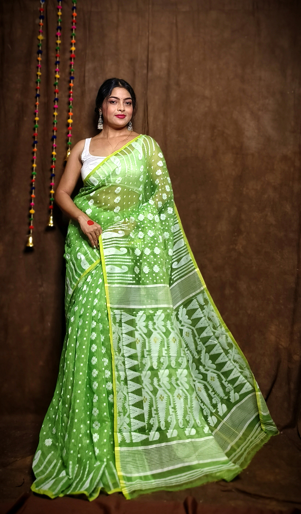 Green Color Soft Jamdani Korat Design Saree - Color: Different Available