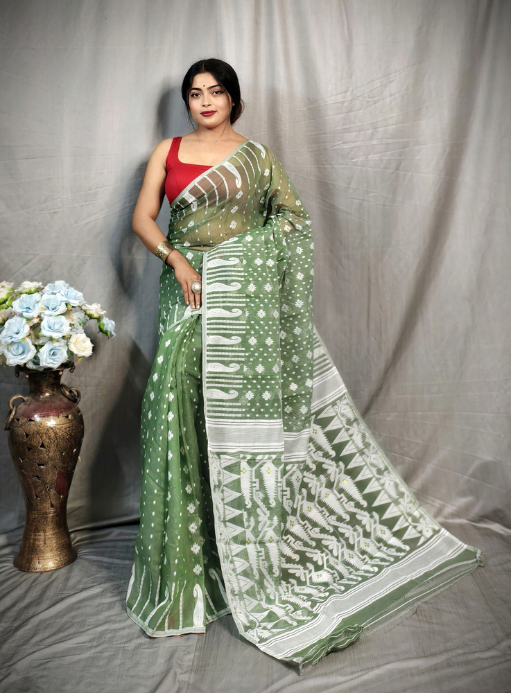 Greyish Green Color Soft Jamdani Korat Design Saree - Color: Different Available