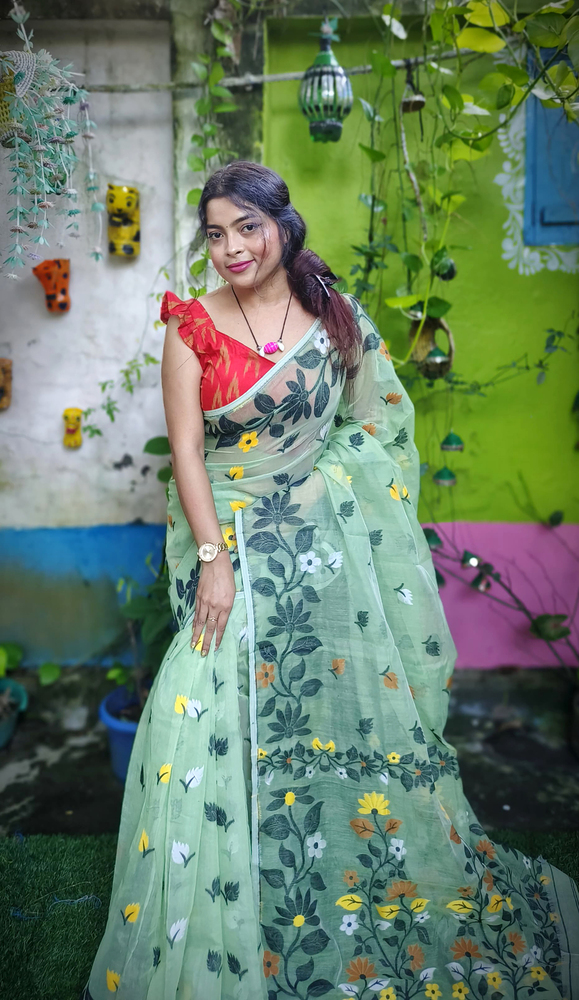 Light Teal Green Pata Jamdani Saree - Color: Different Available