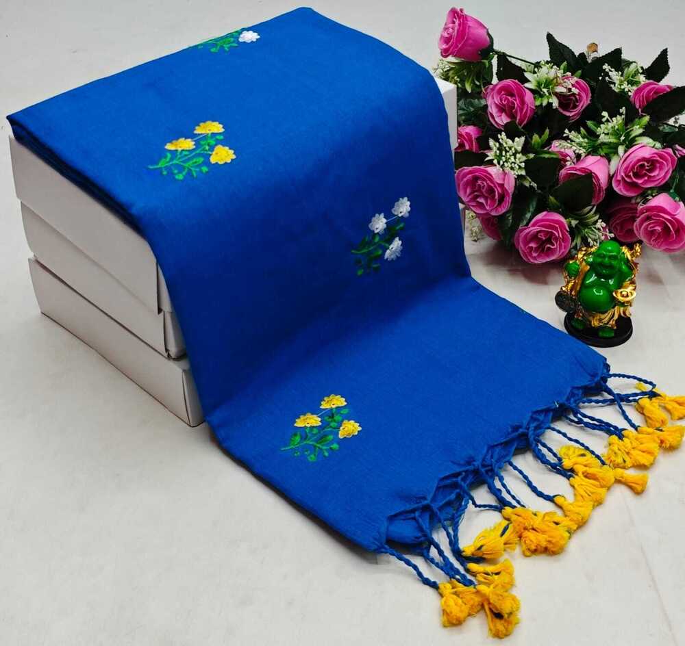 Blue Color Embroidery Top Khadi Saree