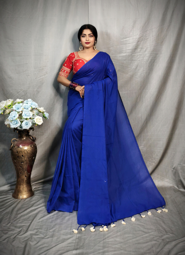 Blue Plain Khadi Saree - Color: Different Available