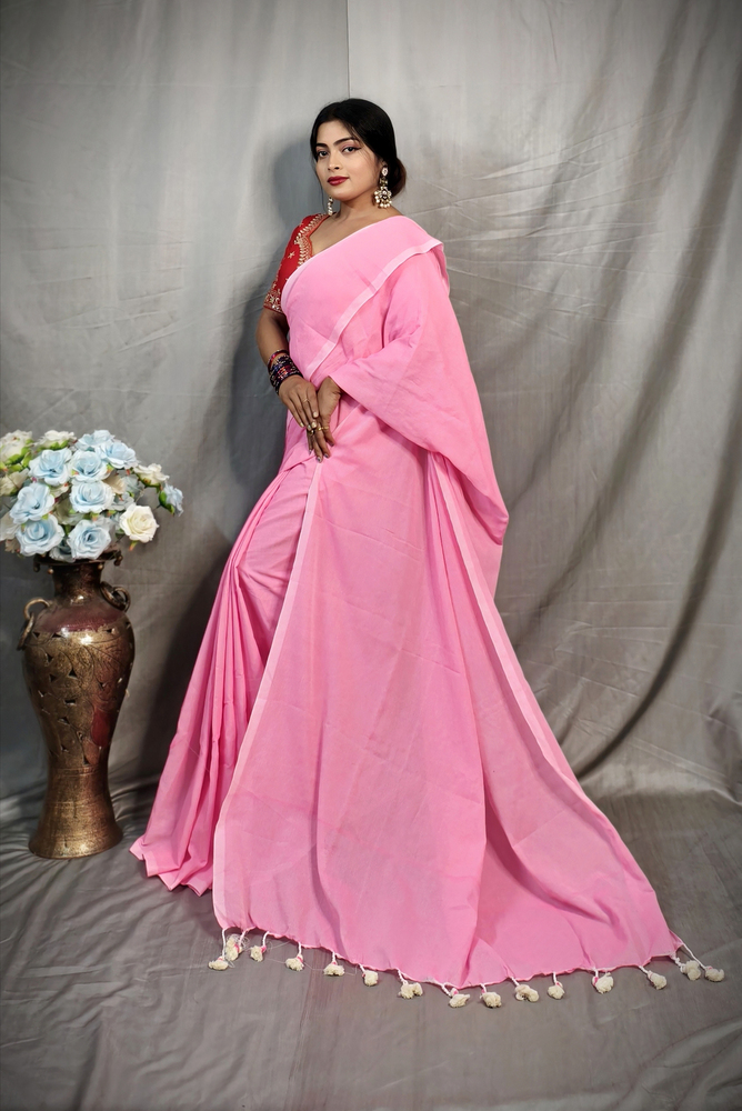 Light Pink Blue Plain Khadi Saree