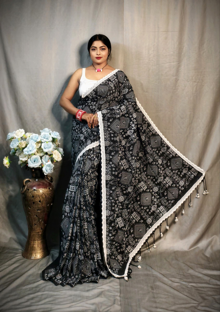Black Color Madhubani Lace Saree