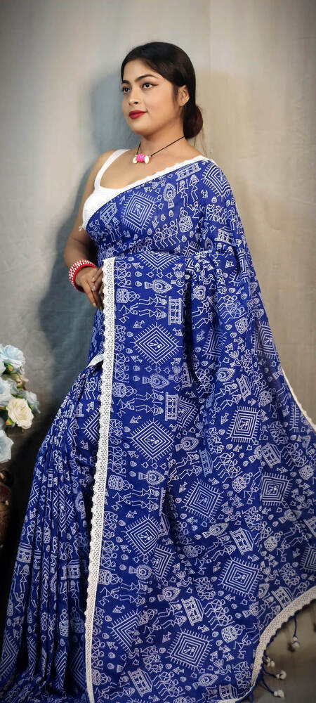 Blue Color Madhubani Lace Saree