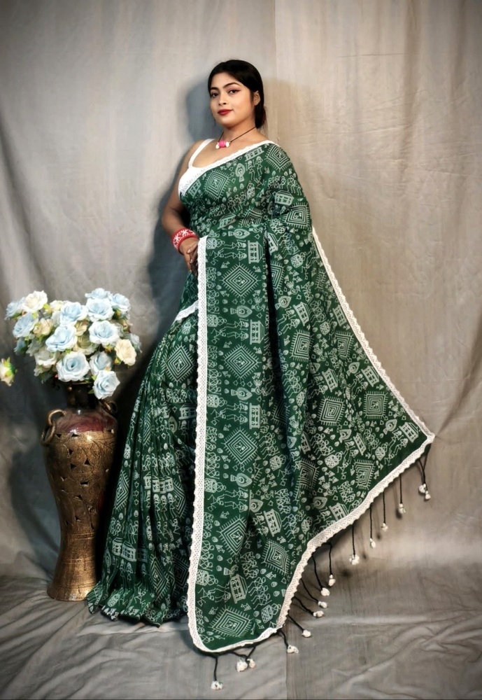 Bottle Green Madhubani Lace Saree