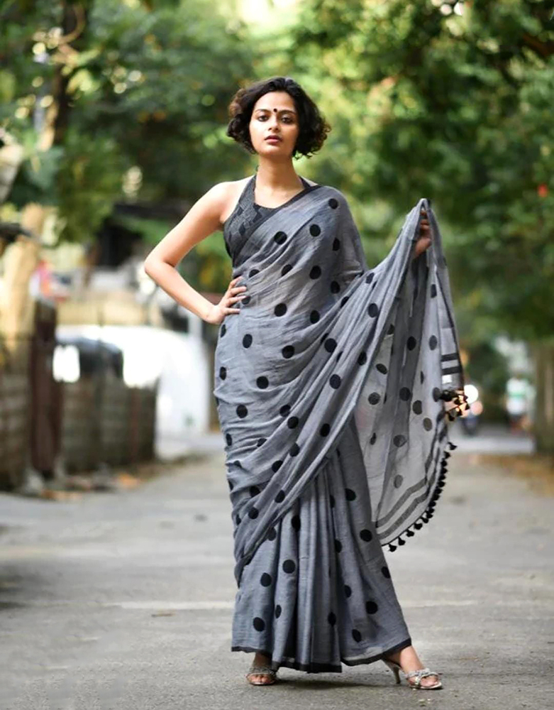 Grey Color Ball Printed Saree - Color: Different Available