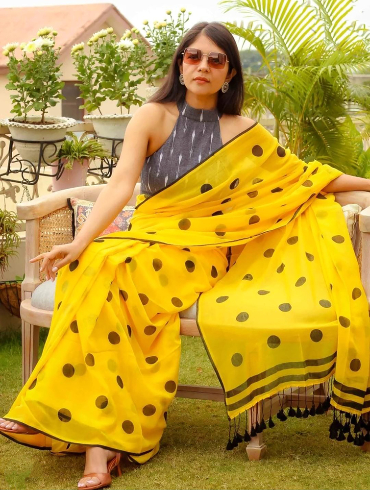 Yellow Color Ball Printed Saree - Color: Different Available
