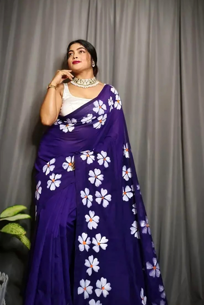 Navy Blue Color Shiuli Printed Saree