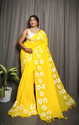 Yellow Color Shiuli Printed Saree - Color: Different Available