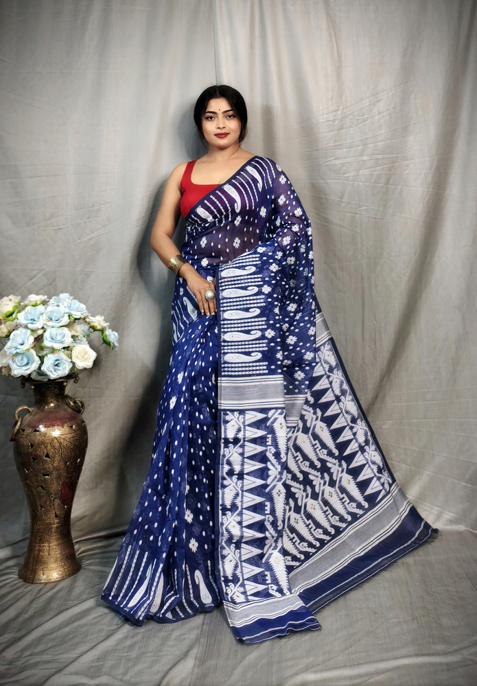 Blue White Color Soft Jamdani Korat Design Saree - Color: Different Available