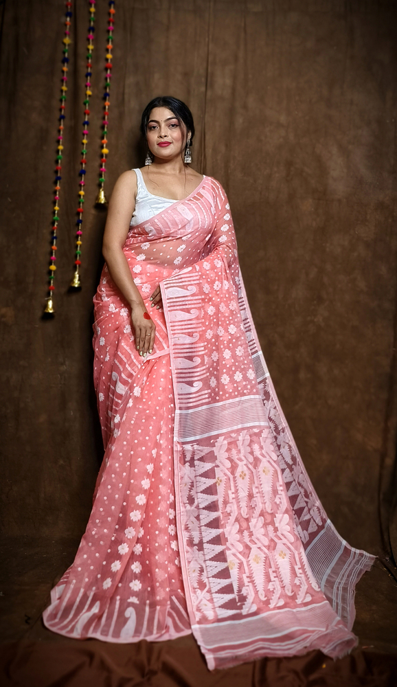 Light Salmoncolor Soft Jamdani Korat Design Saree - Color: Different Available