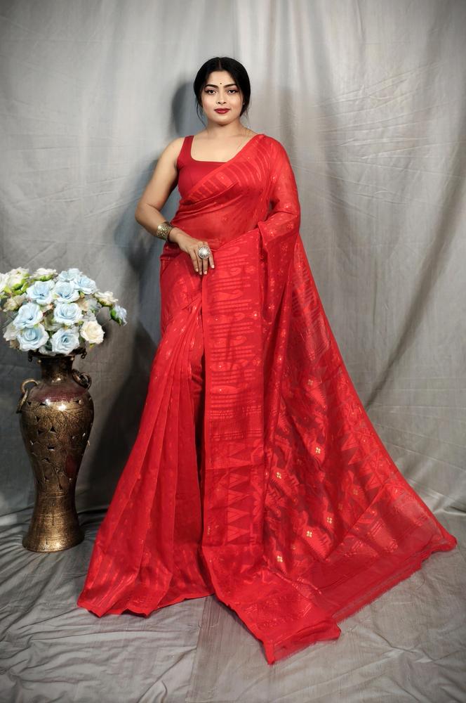 Red Color Soft Jamdani Korat Design Saree