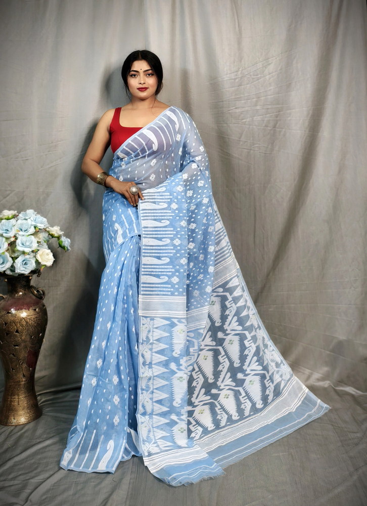 Sky Blue Color Soft Jamdani Korat Design Saree