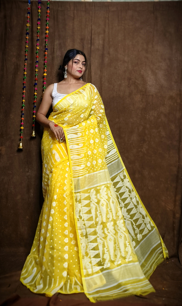 Yellow Color Soft Jamdani Korat Design Saree - Color: Different Available