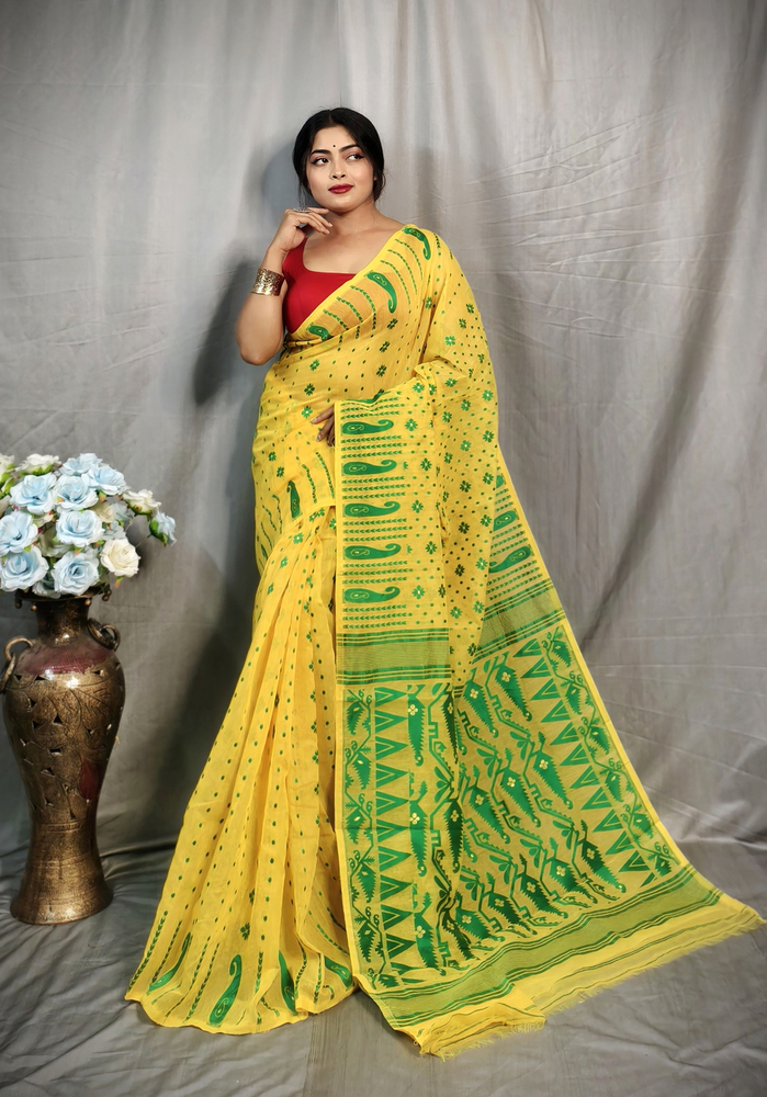 Yellow Green Color Soft Jamdani Korat Design Saree - Color: Different Available