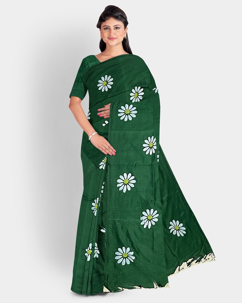 Bottle Green Color Sunflower Printed Saree