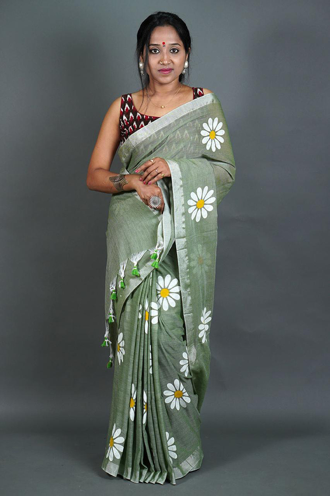 Mint Green Color Sunflower Printed Saree