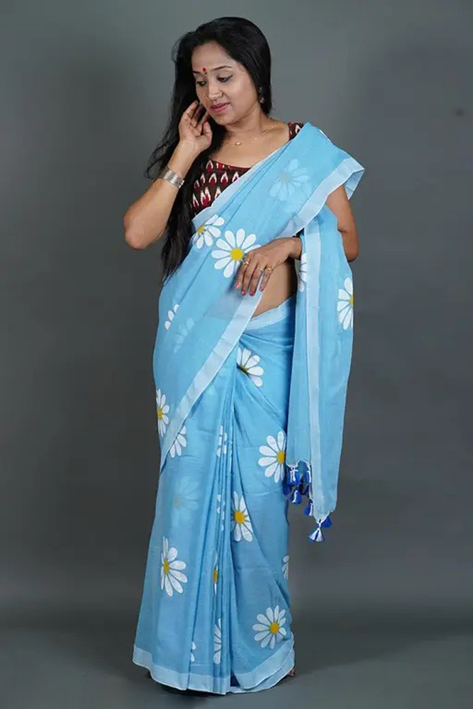 Sky Blue Color Sunflower Printed Saree