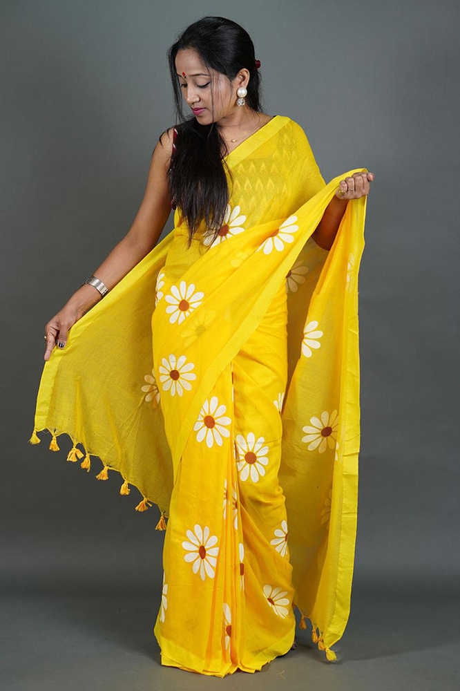 Yellow Color Sunflower Printed Saree - Color: Different Available