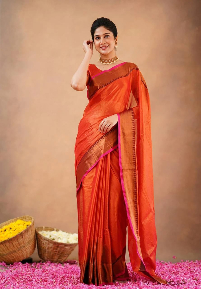 Red Orange Terchi Border Tissue Saree