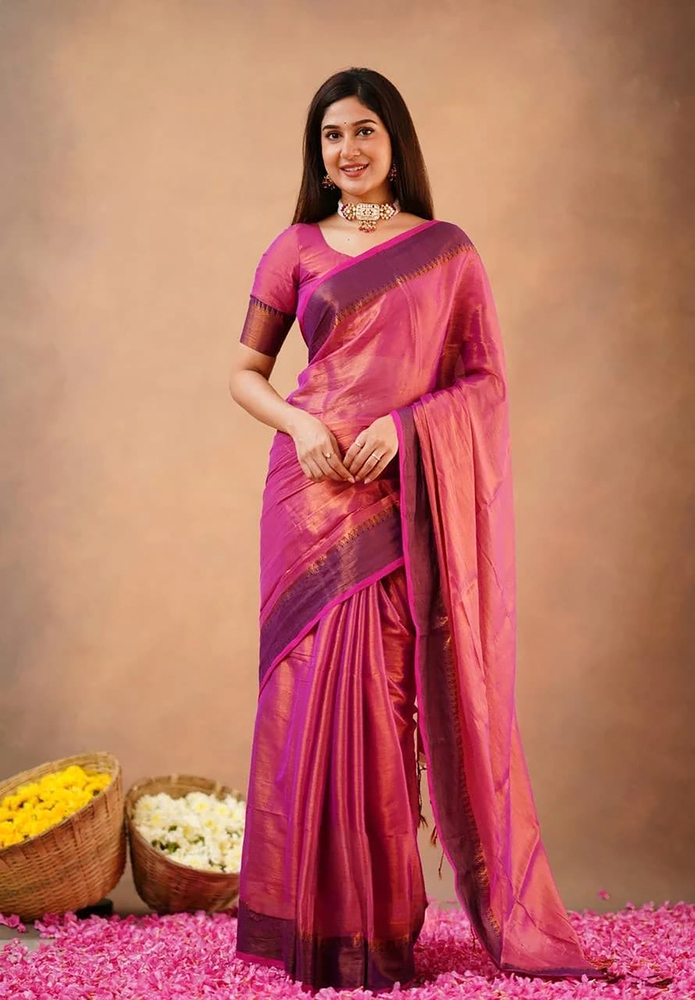 Redish Purple Terchi Border Tissue Saree
