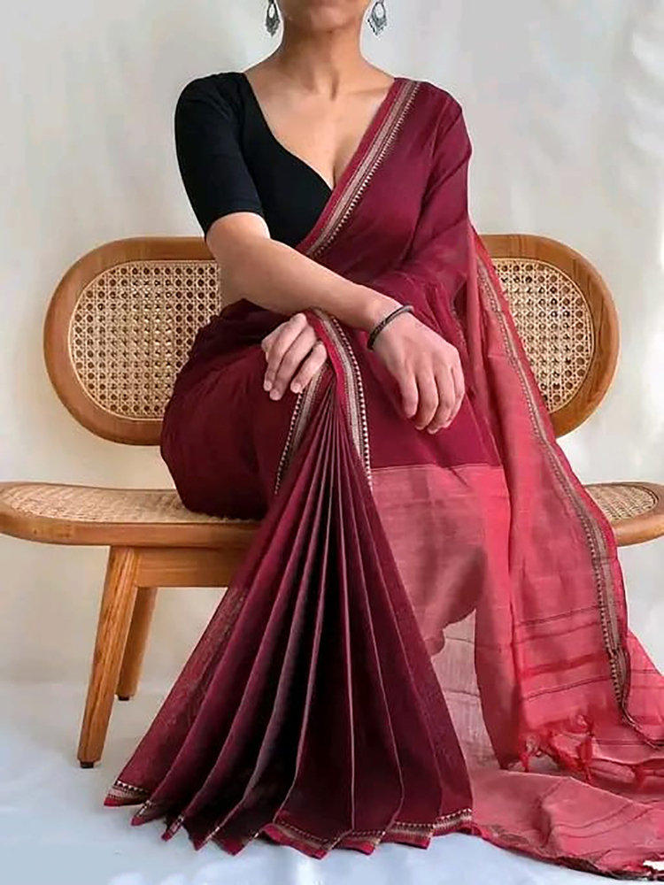 Maroon Color Terchi Par Handloom Saree - Color: Different Available