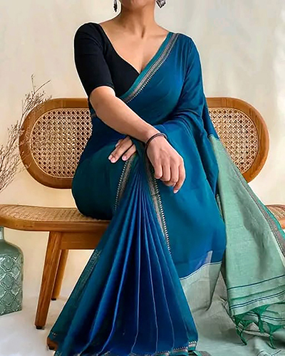 Teal Blue Color Terchi Par Handloom Saree