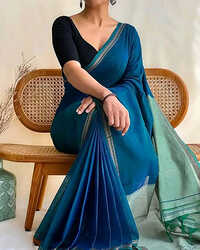 Teal Blue Color Terchi Par Handloom Saree - Design: Attractive
