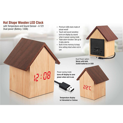 A121 Hut shape wooden LED clock with temperature
