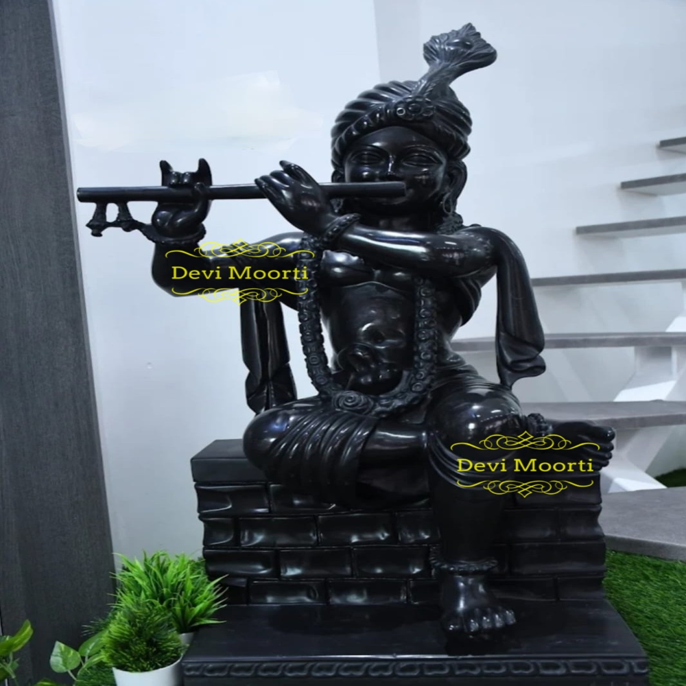 2 Feet Black Flute Krishna Statue (Sitting) Premium Marble Finish God Idol