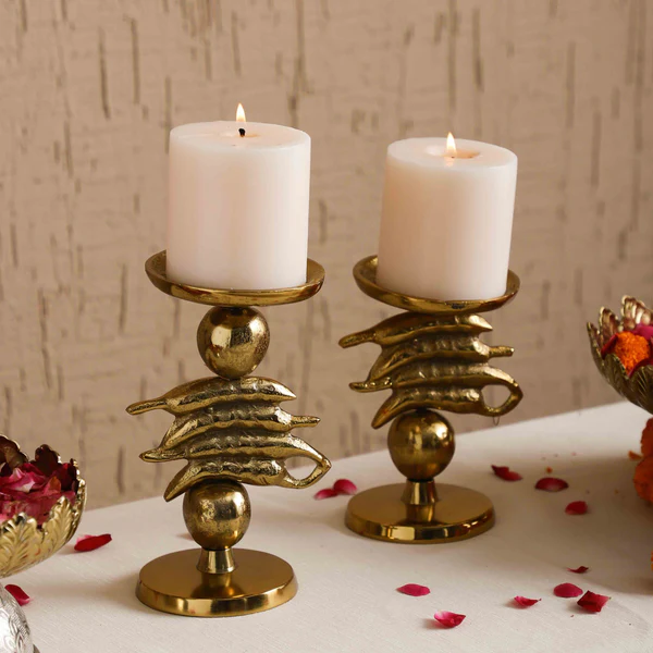 Mirchi Candleholder - Metal, Medium, Red With Green Accent | Glossy Painted, Artisan Handmade, Durable