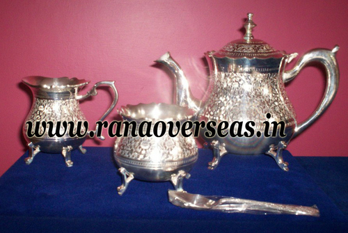Silver Plated Tea Set - Brass Material, Round Shape, Silver Color | Includes Sugar Pot, Milk Pot, and Spoon for Kitchen Use