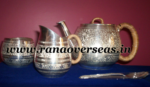 Brass Silver Plated Tea Set With Sugar Pot, Milk Pot And Spoon