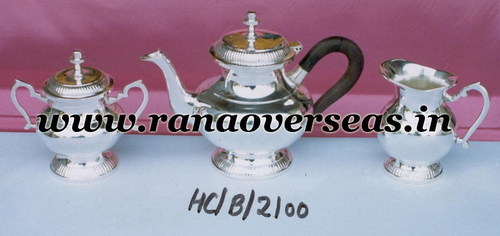 Silver Plated Tea Set - Brass Material, Round Shape | Includes Sugar Pot, Milk Pot, and Spoon for Decoration