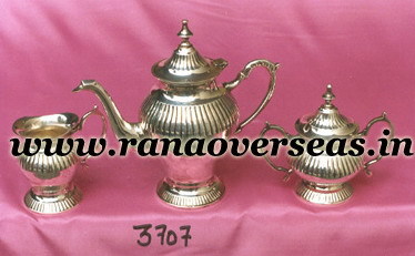 Silver Plated Tea Set - Stainless Steel Material, Round Shape, Silver Color | Includes Sugar Pot and Milk Pot for Kitchen Use