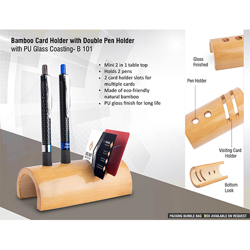 Bamboo card holder with double pen holder (with PU Gloss Coating)