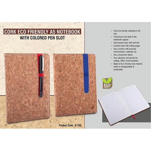 Cork Eco friendly A5 notebook with Colored pen slot