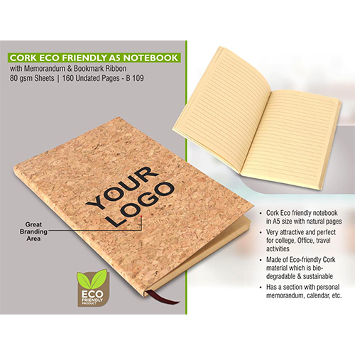 Cork Eco friendly A5 notebook with memorandum & Bookmark Ribbon