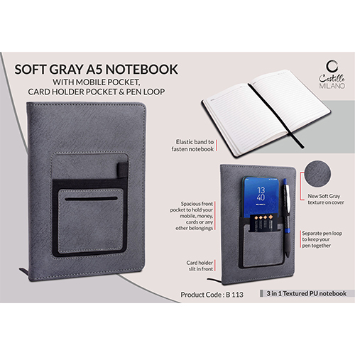 Soft Gray A5 notebook with mobile pocket