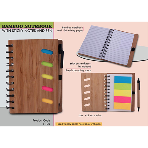 Bamboo notebook with sticky notes and pen