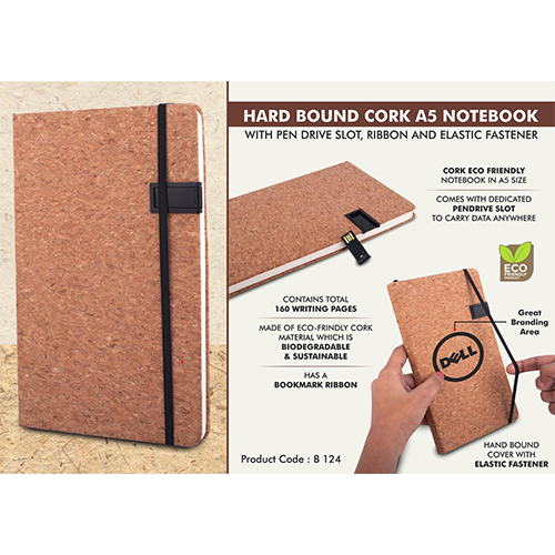 Hard bound Cork A5 notebook with Pen Drive Slot, Ribbon and Elastic Fastener