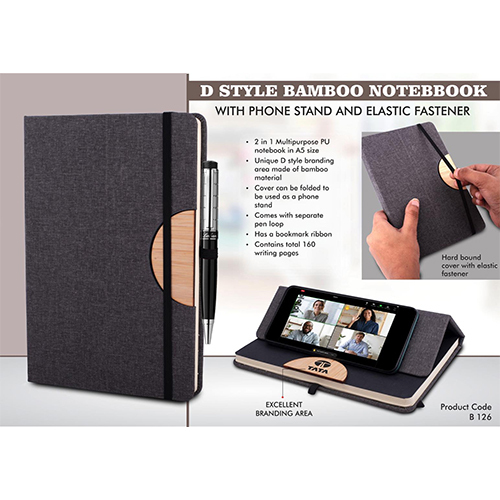 D style Bamboo notebook with Phone stand and Elastic fastener