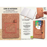 Cork A5 Notebook With Mobile Pocket, Card Holder Pocket & Pen Loop - Weight: 360 Grams (g)