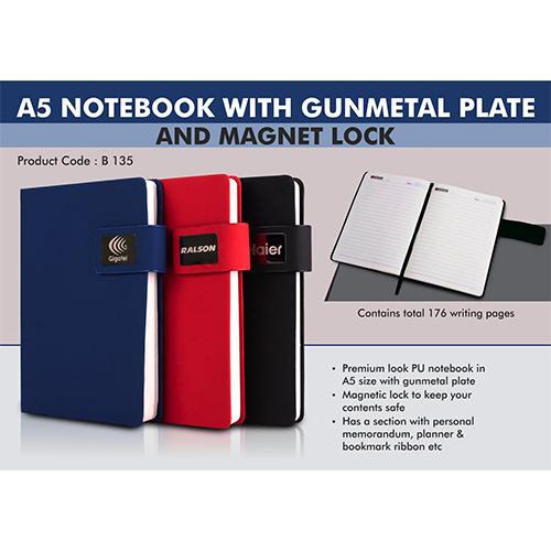 A5 Notebook with Gunmetal plate and Magnet lock