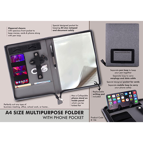A4 size multipurpose folder with Writing pad and phone pocket
