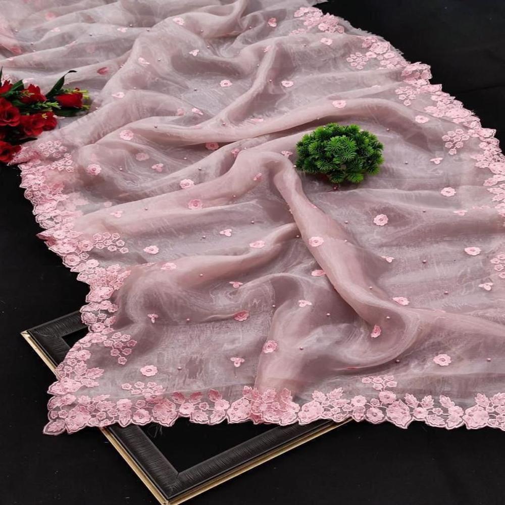 Trendy Organza Partywear Saree - Color: Pink