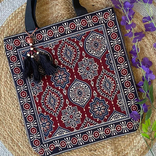 Cotton Block Print Shopping Bag - Color: Multicolor