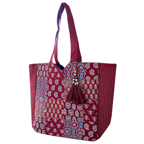 Cotton Block Print Tote Bag - Color: Multicolor