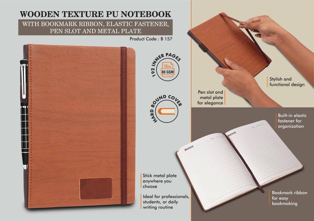 Wooden texture PU notebook with bookmark ribbon